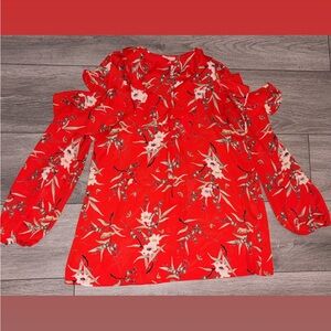 143 Story By Lineup Size Small Long Sleeved Cold Shoulder Red Floral Blouse EUC